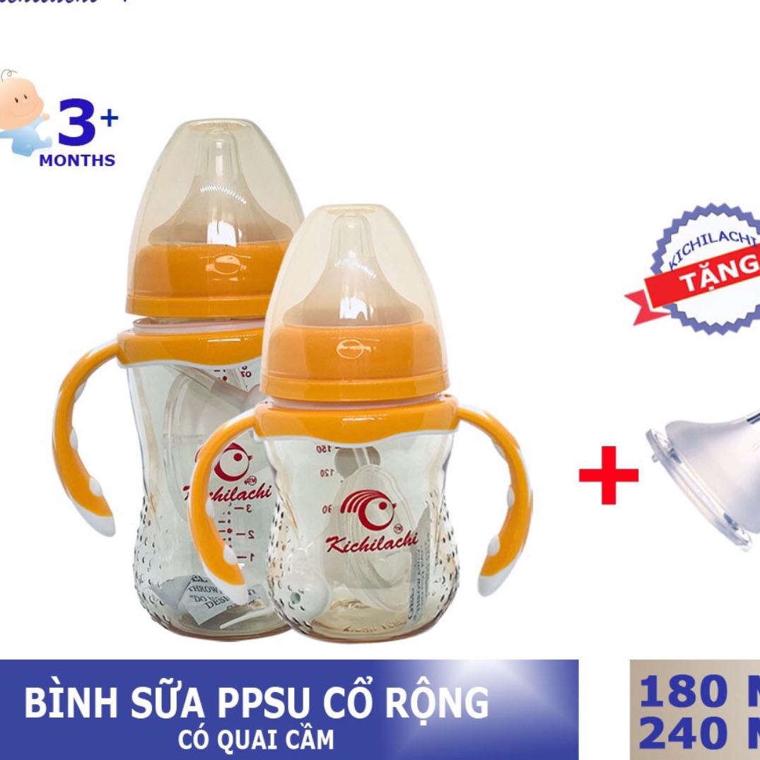 Bình sữa PPSU kichilachi cổ rộng 240ml tặng núm ti thay thế
