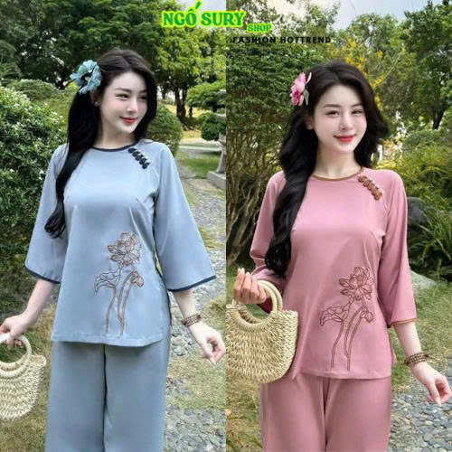 Set mặc Tết, Set bộ pháp phục, Set đồ lam đi chùa đi lễ, Set bộ Lam Tuyết Nhung áo thêu hoa cổ trong đính nút tàu kèm quần mix quần dài ống rộng thanh lịch cổ điển tiểu thư