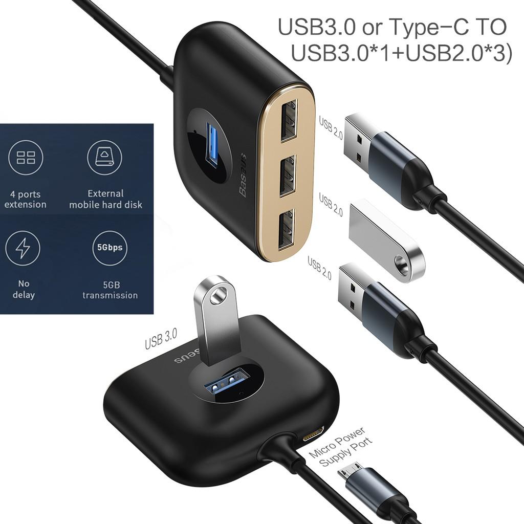 USB Hub Baseus Square Round 4 in 1 mở rộng kết nối cho PC, máy tính bảng và smartphone với Type C / USB ra 5 cổng gồm USB 2.0, USB 3.0, Micro USB