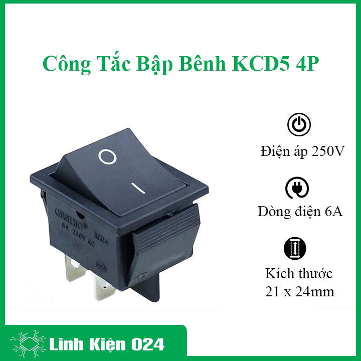 Công tắc bập bênh 4 chân kcd5 6a 250v 4p kích thước 21x24mm
