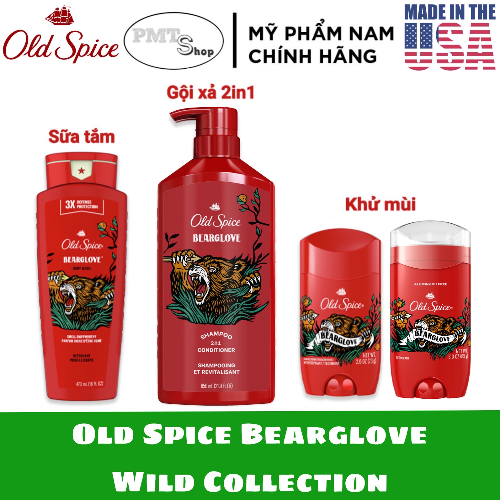 (NK Mỹ) Old Spice Bearglove sáp lăn khử mùi 73g - 85g / Gel tắm 473ml / Dầu gội xả 2in1 650ml
