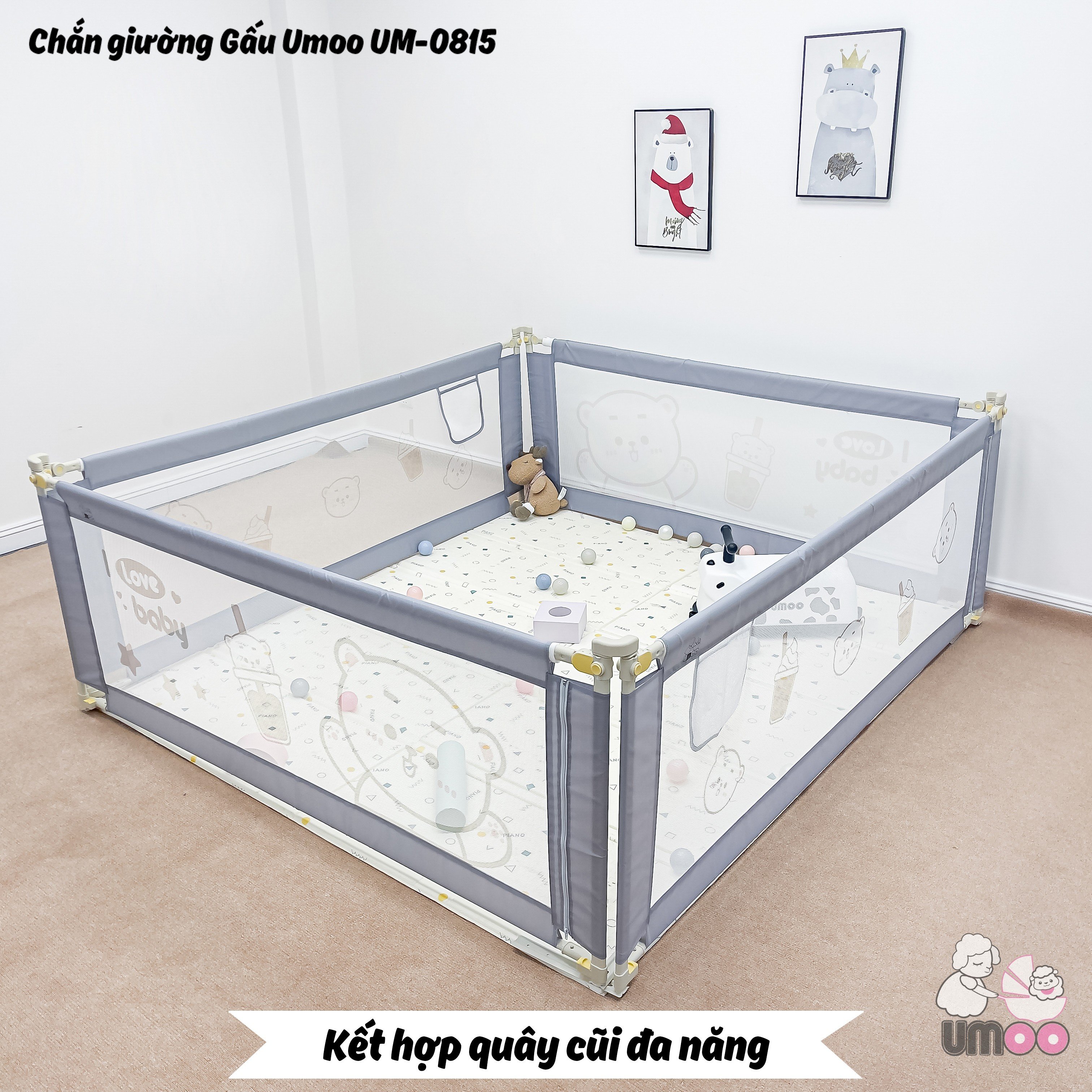 Thanh chắn giường Umoo mẫu gấu cho bé, Chắn giường điều chỉnh độ cao - 0815