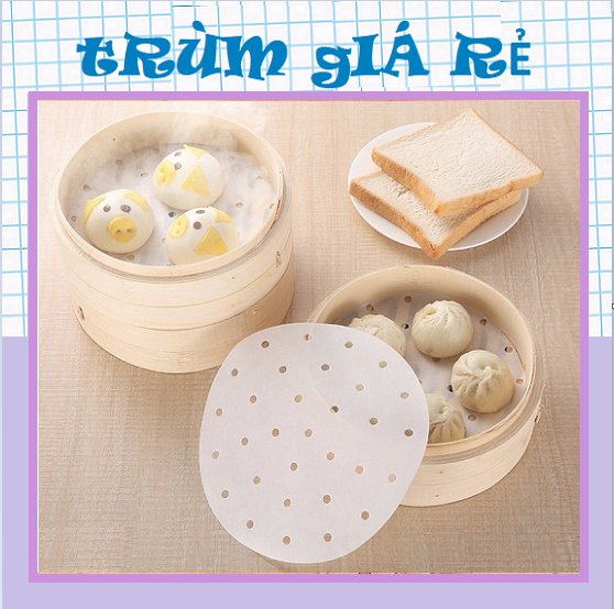 100 tờ Giấy nến đục lỗ , Giấy nến tròn lót xửng hấp, nồi chiên không dầu, hấp bánh bao - Giấy Nến Đục Lỗ Thếp 100 Tờ 23cm Lót Nồi Chiên Không Dầu