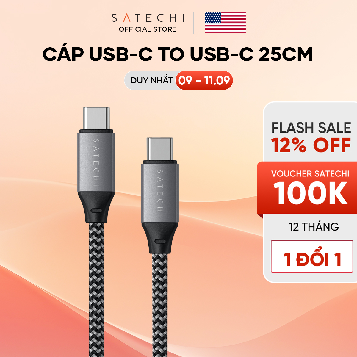 [THƯƠNG HIỆU MỸ] Cáp sạc Satechi USB-C sang USB-C – 10 inch/ 25 cm – cho M2/ M1 MacBook Pro/Air, M2/ M1 iPad Pro/Air