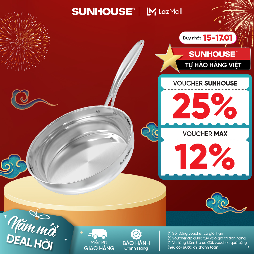Chảo Inox 340 Cao Cấp Đa Lớp Sunhouse 20M6E - 24M6E - 26M6E Bền Bỉ, Truyền Nhiệt Nhanh, Tỏa Nhiệt Đều