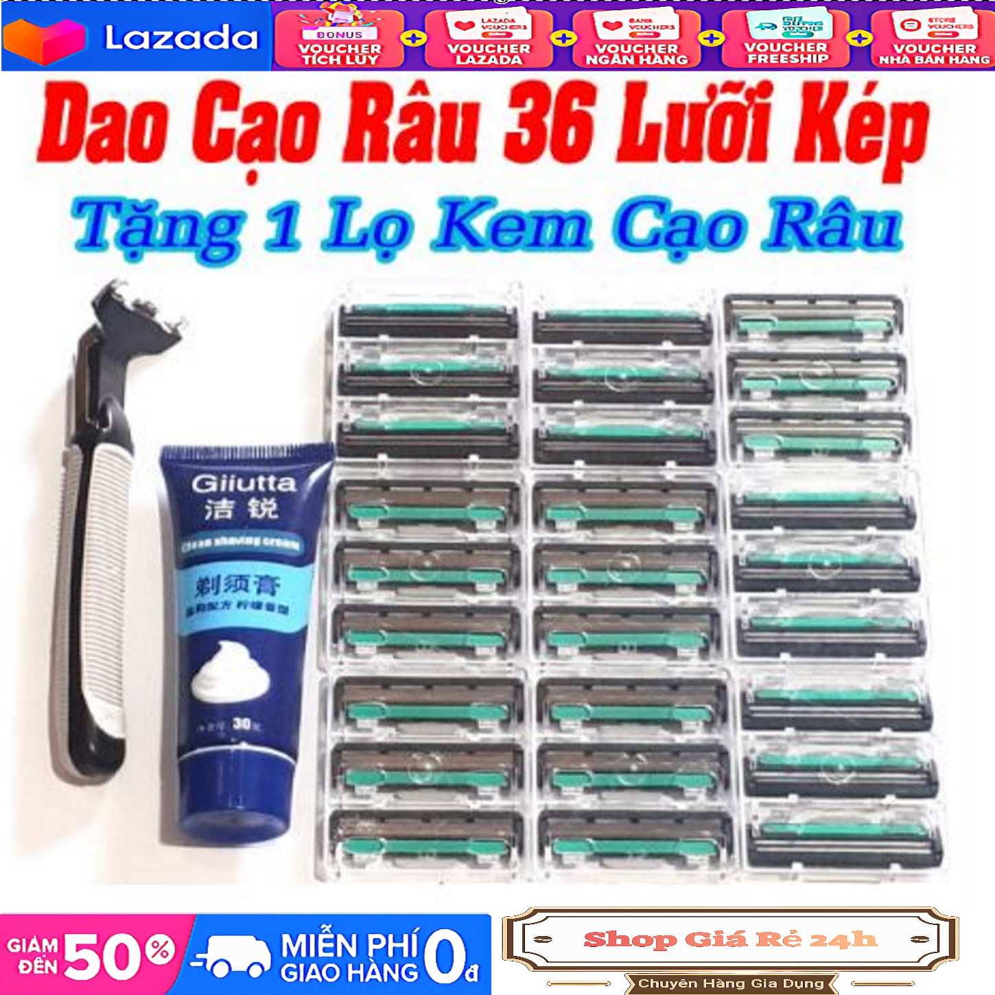 Dao Cạo Râu Và  ( 36 Lưỡi Dao Kép + 1 Bàn Cạo) Tặng 1 tuýt kem tạo bọt