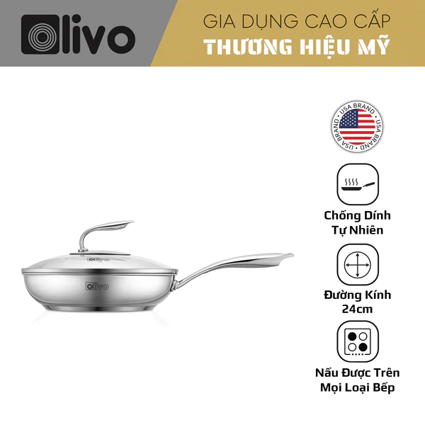 Chảo inox olivo steve x pro - thương hiệu mỹ - chống dính tự nhiên, đáy 5 lớp, đường kính 24cm - dễ vệ sinh