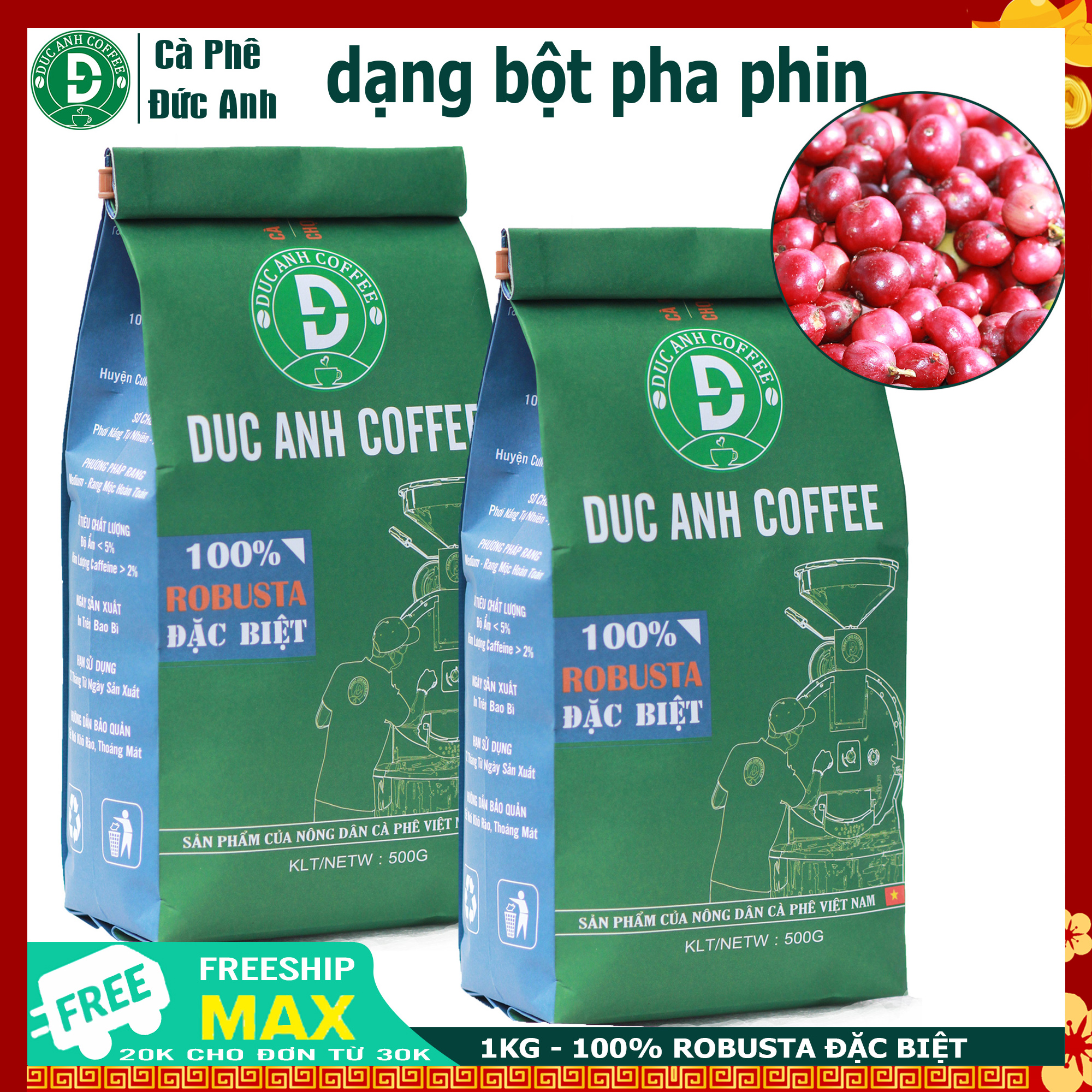 2 Túi 500g (1KG) Cà Phê RANG XAY ĐẶC BIỆT 100% nguyên chất rang mộc PHA PHIN chọn lọc tận tâm - đậm vị mạnh hậu ngọt -  bản giới hạn đặc biệt  DUC ANH COFFEE