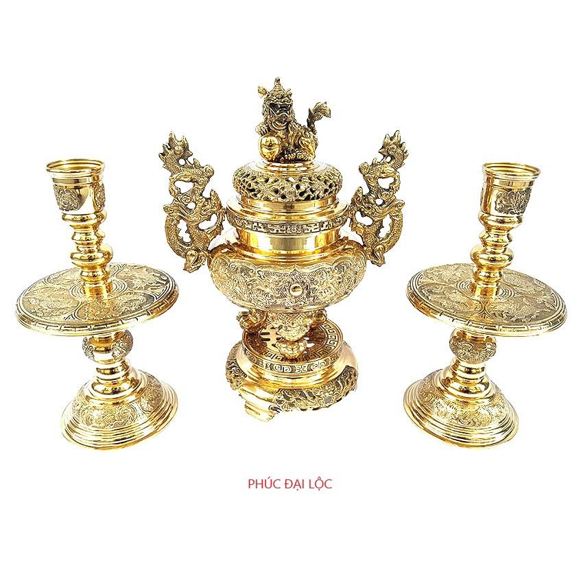 Đồ thờ Tam sự 3 món Vĩnh Tiến số 2 (VT2) đỉnh tròn bằng đồng cao 42 cm