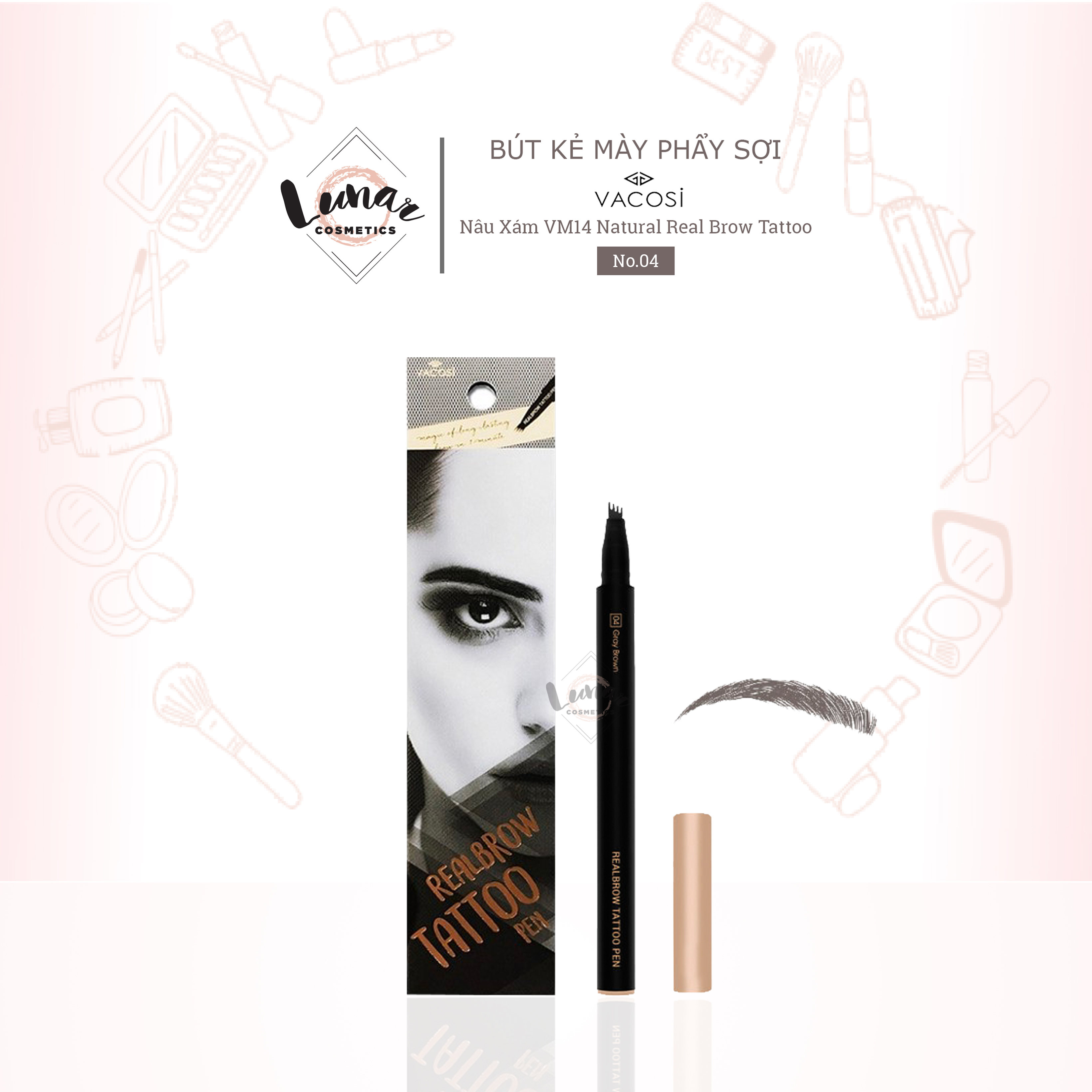 [Đại Lý Vacosi] Bút Kẻ Mày Phẩy Sợi Vacosi Nâu Xám VM14 No.04 Natural Real Brow Tattoo-Chì Kẻ Mày Phẩy Sợi Vacosi Màu Nâu Xám Natural Studio Real Brow Tattoo Pen 04-Bút Kẻ Mày Phẩy Sợi Vacosi Tattoo Màu Nâu Xám
