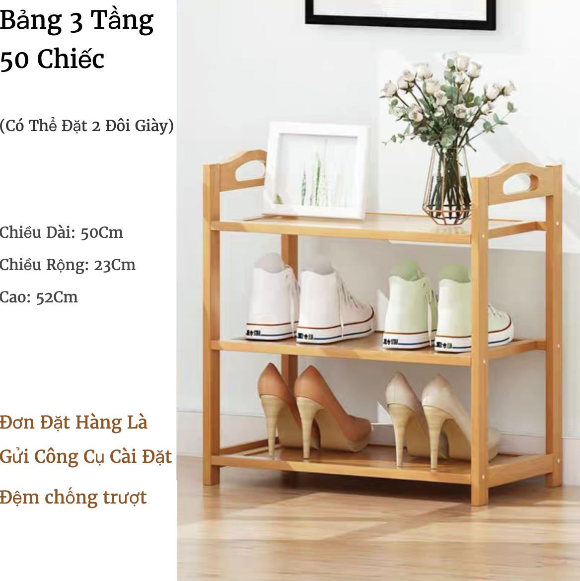 Kệ gỗ giày dép 3 tầng dài 50cm - 2t500