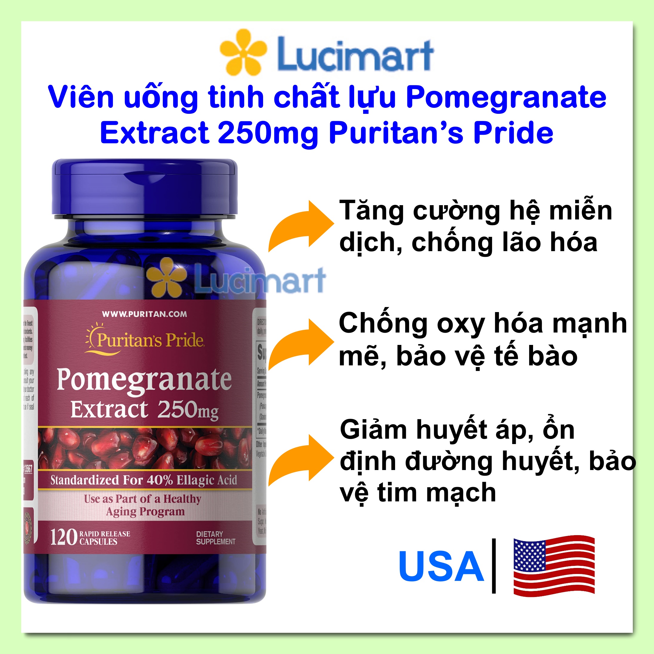 Viên uống tinh chất lựu Puritan’s Pride Pomegranate Extract 250mg, hũ 120 viên [Hàng Mỹ]