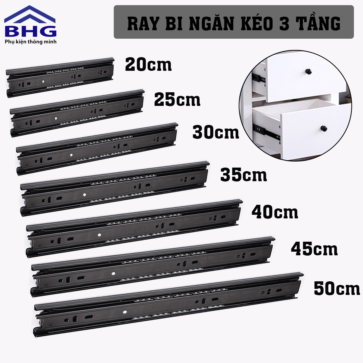 Ray ngăn kéo 20cm-25-30-35-40-45-50cm, thanh ray tủ bếp, tủ quần áo 3 tầng chất liệu cao cấp, sử dụng phù hợp mọi loại tủ