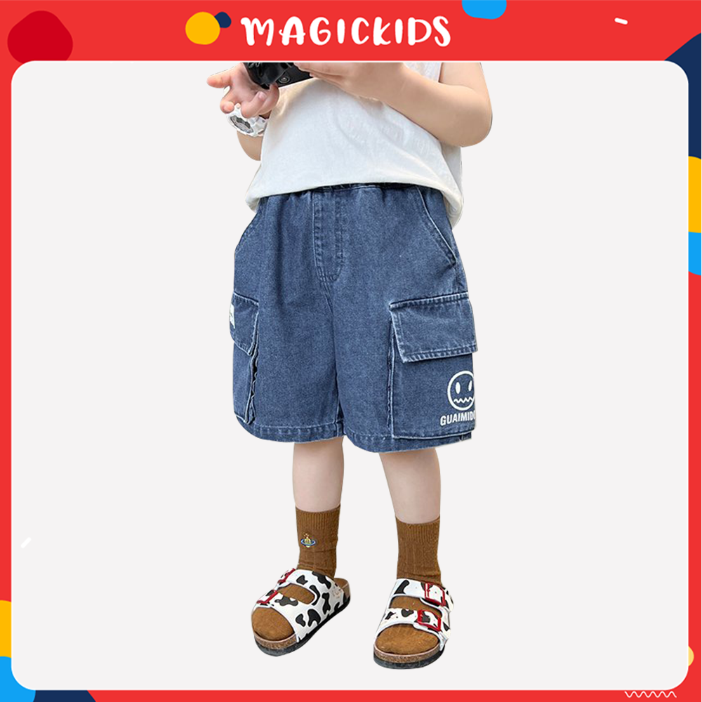 Quần short đùi jeans form rộng Magickids cho bé trai size đại 34kg túi in mặt cười Quần áo trẻ em đi học đi chơi QĐ22014
