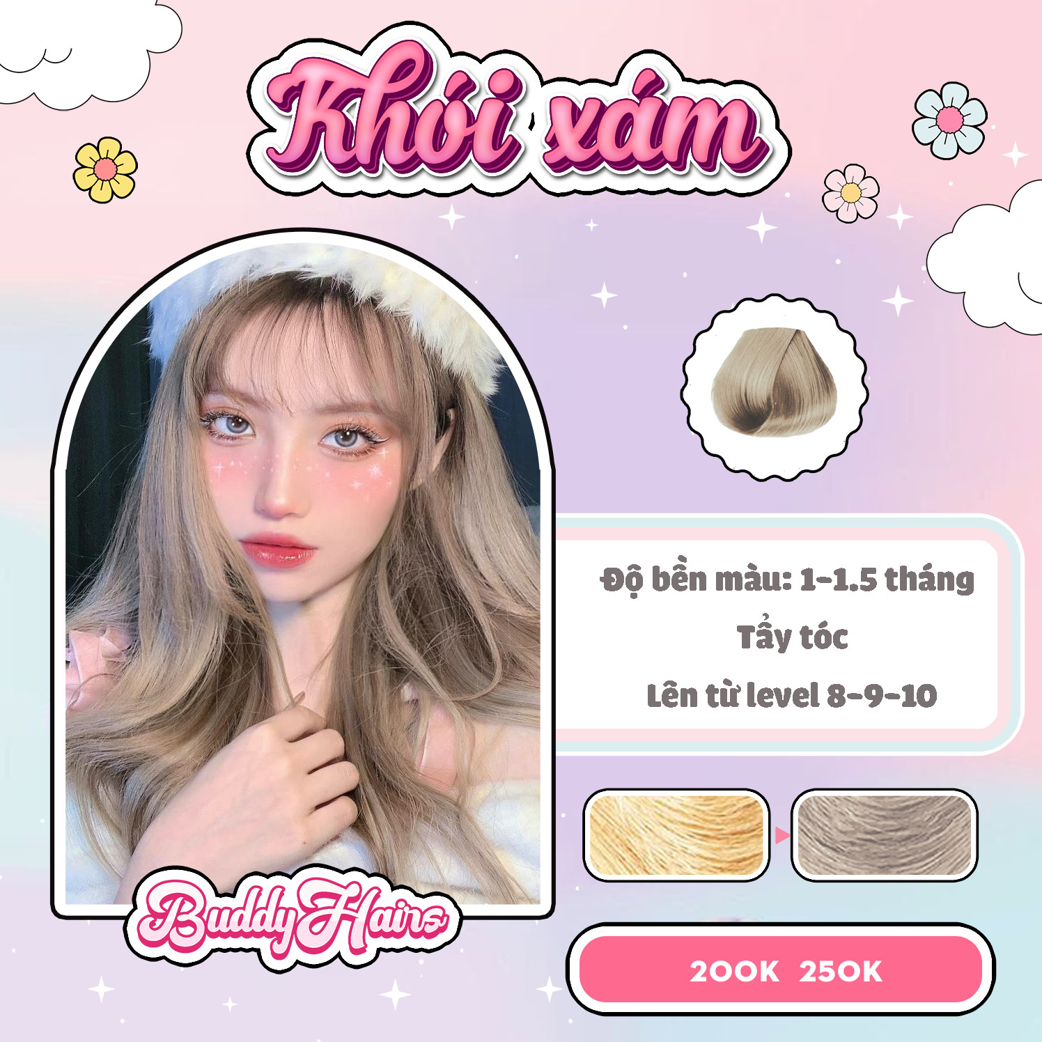 Thuốc nhuộm tóc màu KHÓI XÁM cần dùng Thuốc tẩy tóc của Buddyhairs tặng kèm găng tay mũ trùm trợ nhuộm tiện ích