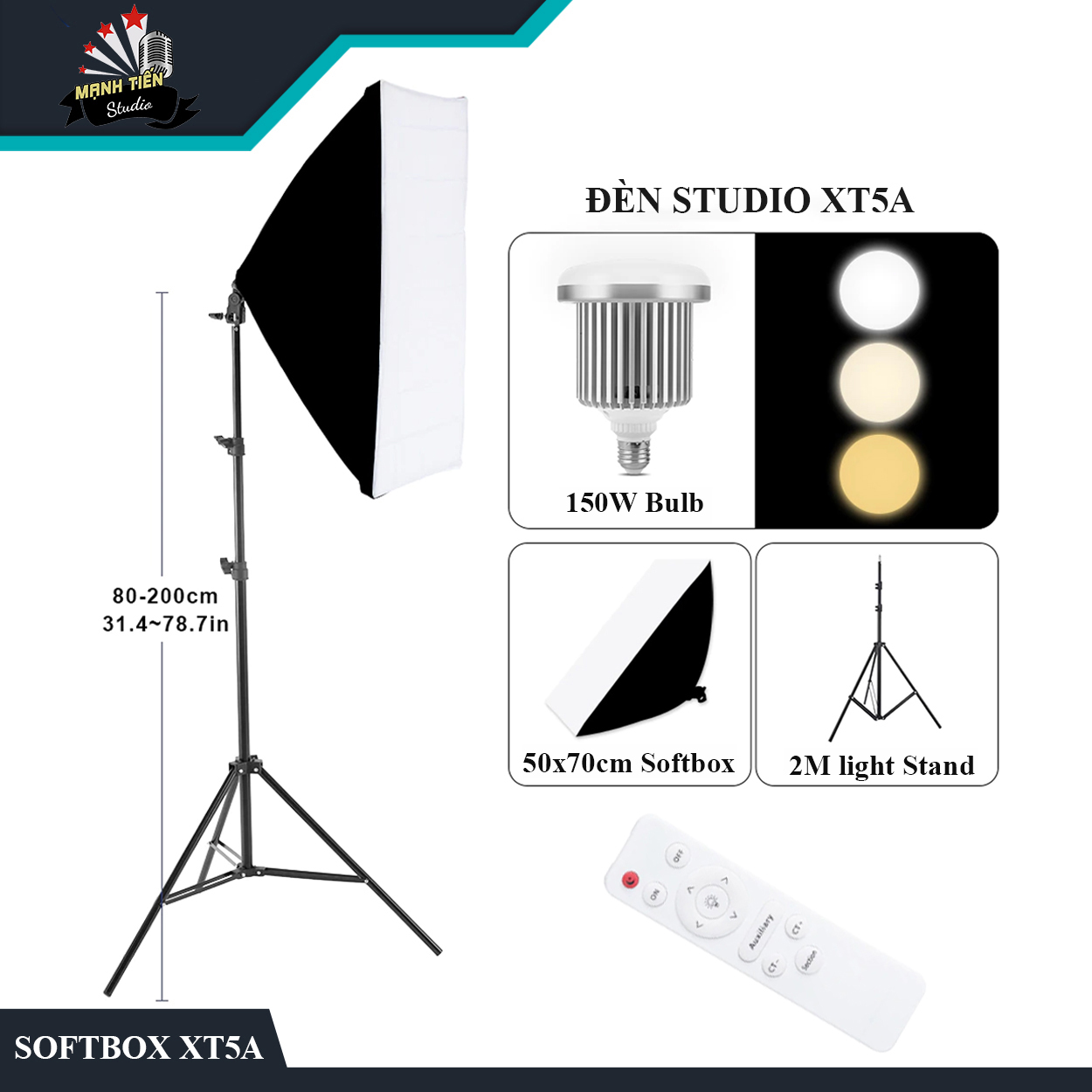 Bộ đèn studio XT5A có remote - Kèm Softbox 50x70cm, chân đèn 2m, bóng led Bulb 150W - Kit Studio công suất cao, nhiệt độ sáng chuẩn 5500K, đổi được 3 màu đèn - Chuyên dùng quay phim, chụp hình studio, livestream