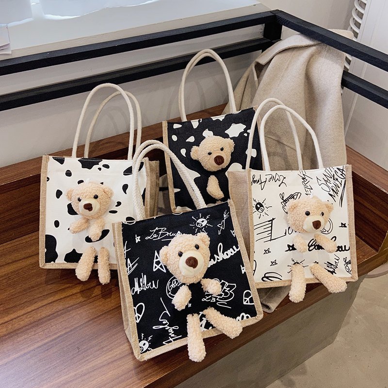 Túi Cói Mini, Túi Tote Gấu Bông Phong Cách Vintage