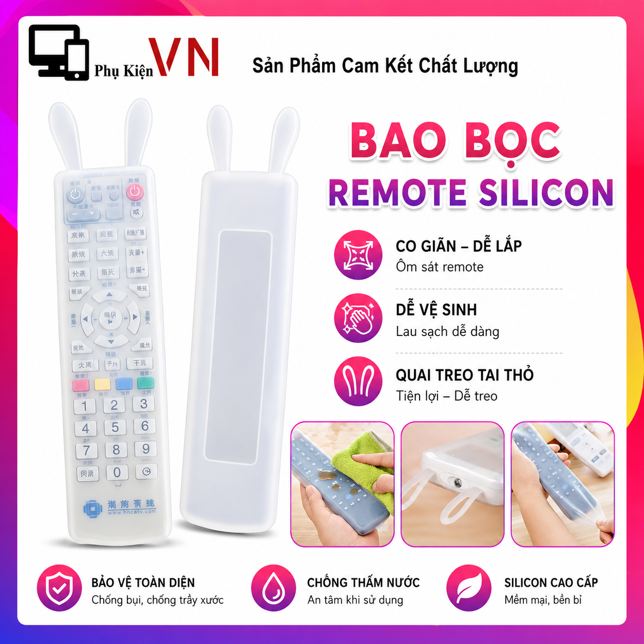 Vỏ Bọc Remote , Điều Khiển TV Hình Tai Thỏ Dễ Thương Chống Nước Chống Bụi – Bao Silicon Bảo Vệ Remote Tivi - Vỏ Bọc Điều Khiển Tivi, Máy Lạnh Chống Va Đập, Chống Thấm Nước