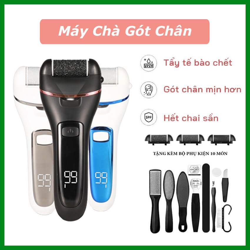 Máy Chà Gót Chân Tẩy Tế Bào Chết 2 Chế Độ, Máy Tẩy Da Chết Gót Chân 3 Đầu Chà Màn Hình Led LCD - Tặng kèm bộ phụ kiện 10 món mài gót chân