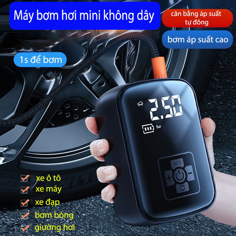 Máy Bơm Hơi Lốp Ô Tô Xe Máy Điện Tử Không Dây Công Suất Cao 100W, Al Tự Động Ngắt Khi Đầy, Kiêm Sạc Dự Phòng Điện Thoại