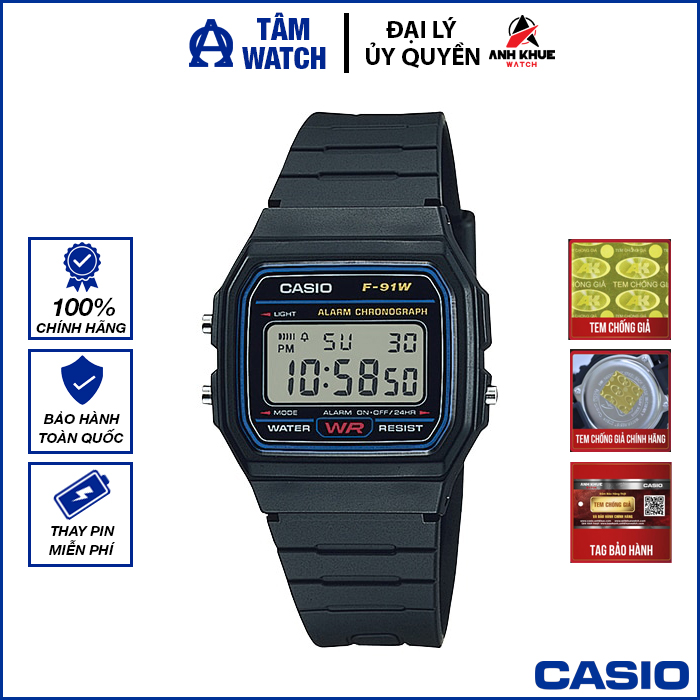 Đồng hồ nam dây nhựa Casio Standard chính hãng Anh Khuê F-91W-1HDG (35mm)