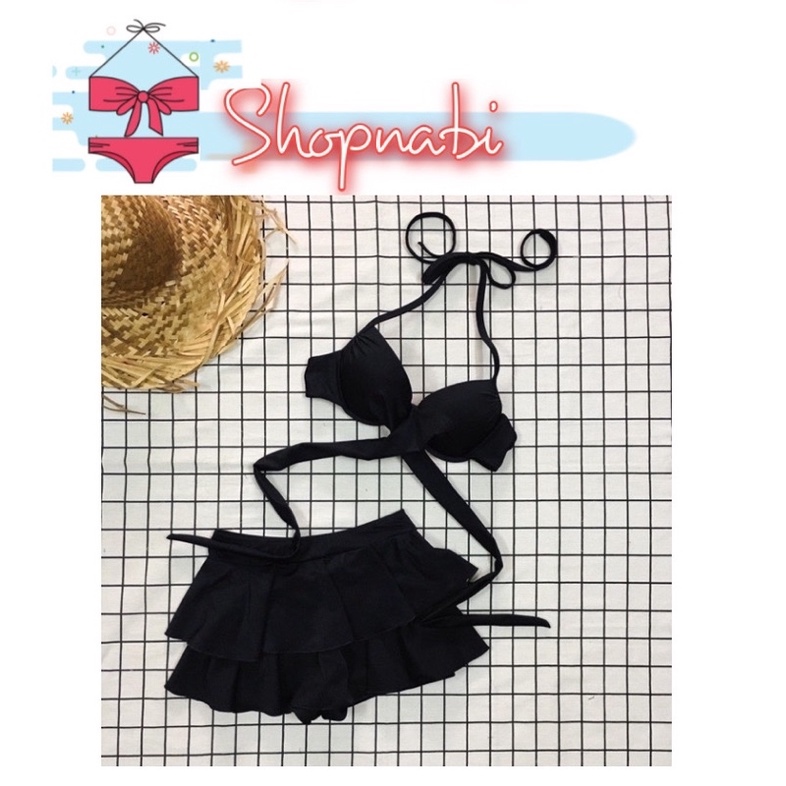 Đồ bơi nữ◊♕ Đồ bơi bikini áo ngực chéo dây váy 2 tầng kín đáo