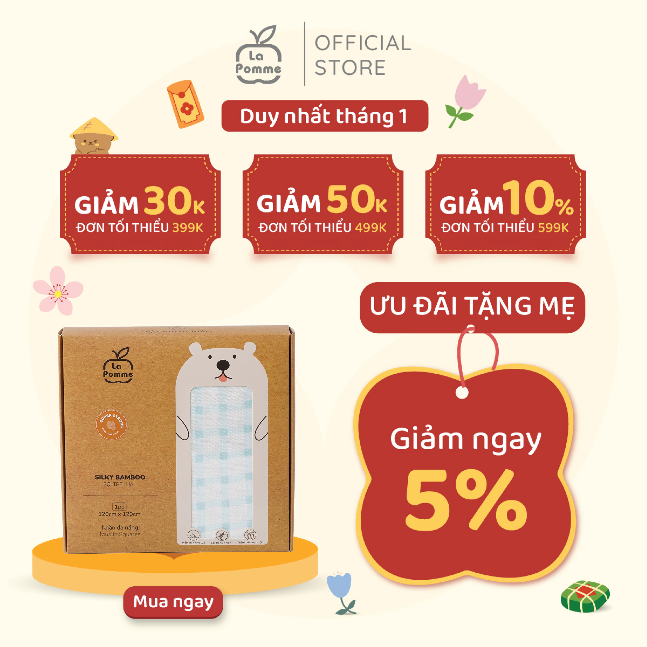  K003 Khăn sữa sợi tre lụa La Pomme phối màu  120x120cm  - Nắng mùa xuân 