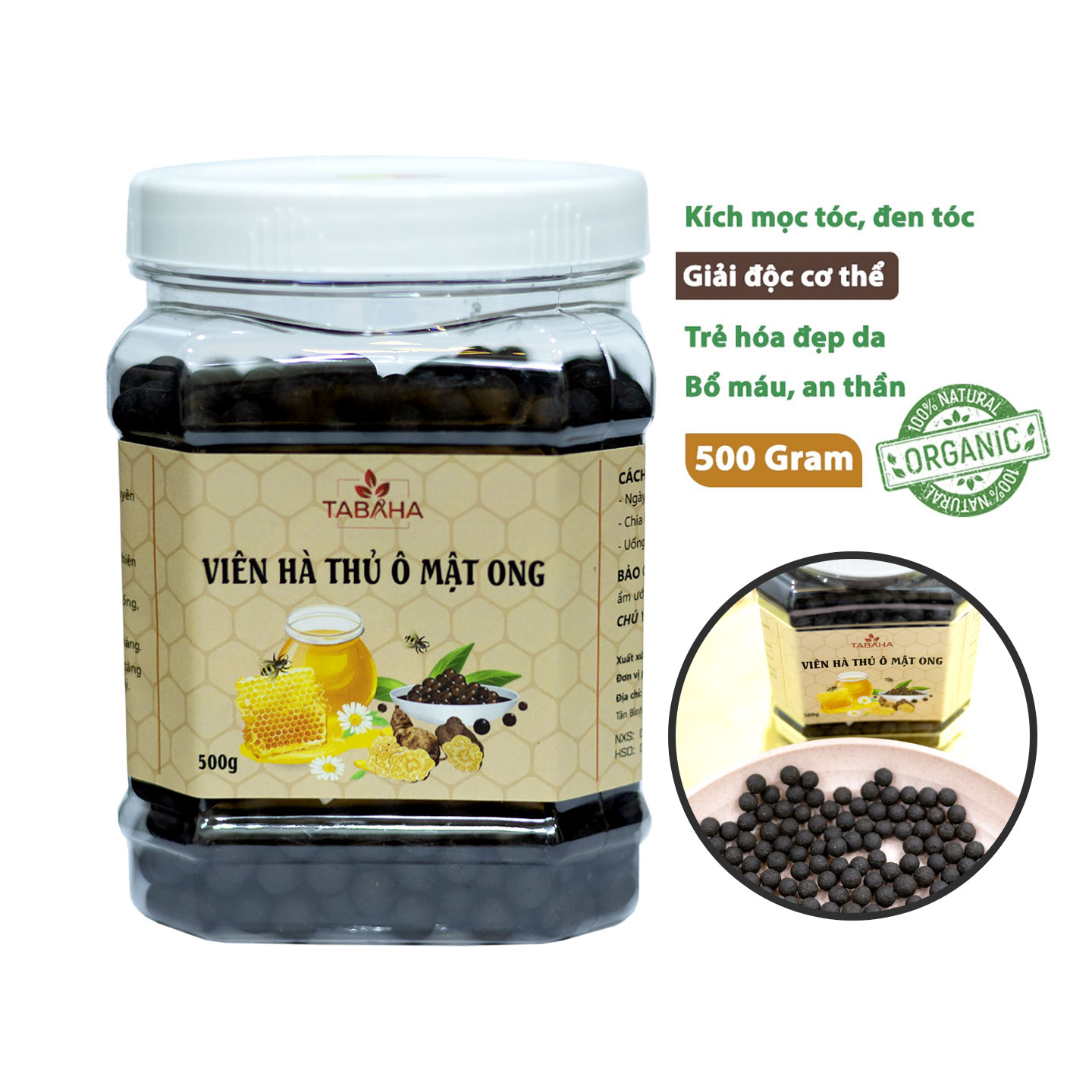 Hà thủ ô mật ong rừng TABAHA 500g, viên hà thủ ô đỏ giúp cải thiện tóc bạc sớm, rụng tóc, hói đầu, mọc tóc, hàng loại 1