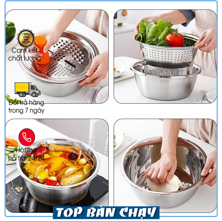 bộ rổ inox kèm nạo rau củ - Bộ bào nạo rau củ kiêm rổ và chậu Inox Cao cấp đa năng , Bộ bào sợi đa năng 3 trong 1 , Bộ rổ chậu bào sợi đa năng , bộ rổ chậu inox kèm bào sợi , Set chậu rổ bào sợi inox