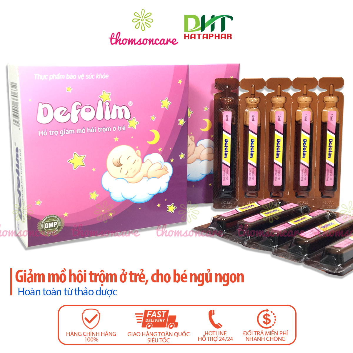 Giảm mồ hôi trộm cho bé - Defolim hộp 30 ống siro từ thảo dược - giúp bé ngủ ngon, hết quấy khóc đêm