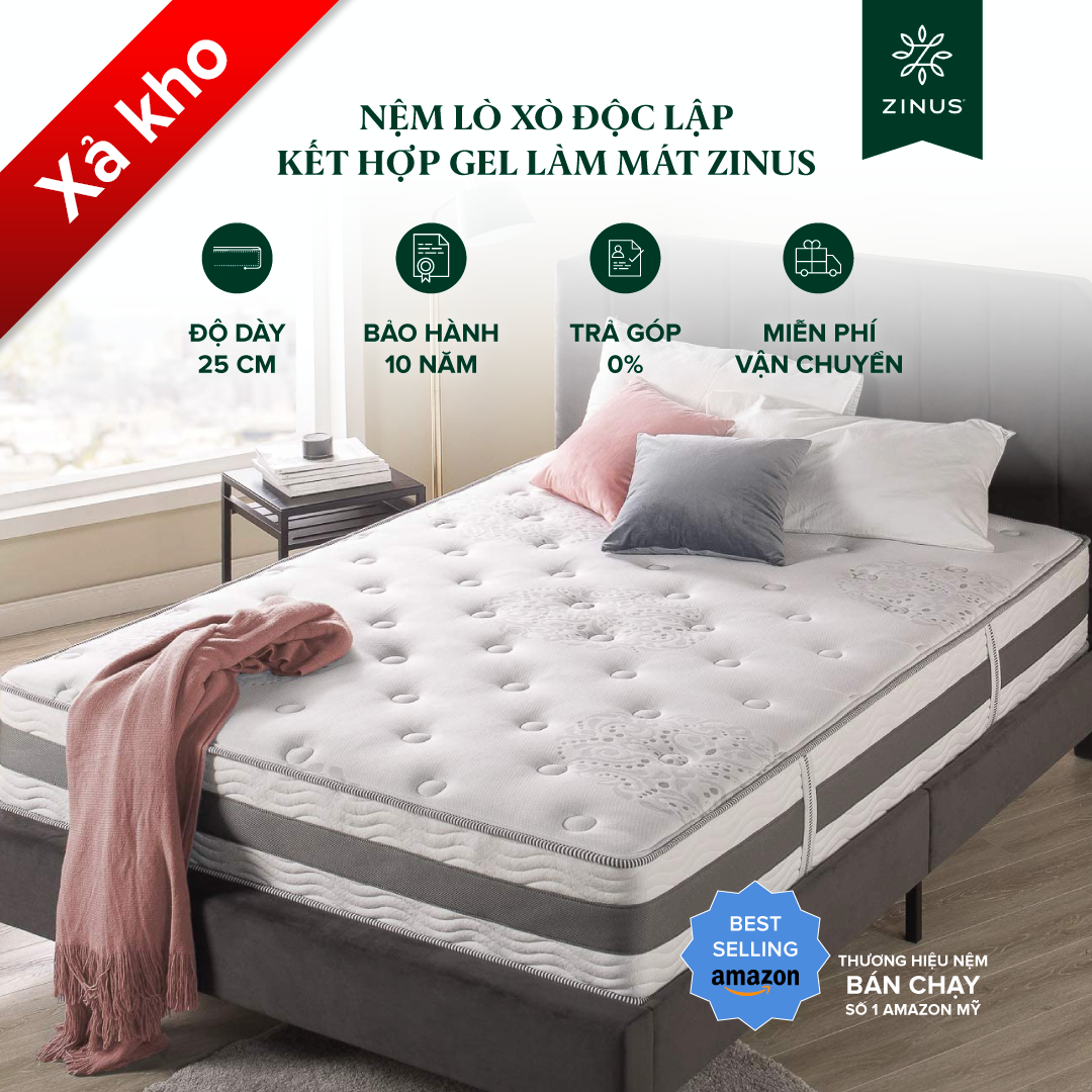 Nệm Cao Su Non Lò Xo Gel Mát Cao Cấp Dày 25cm Zinus - 10in Gel-Infused Memory Foam Hybrid Spring Mattress