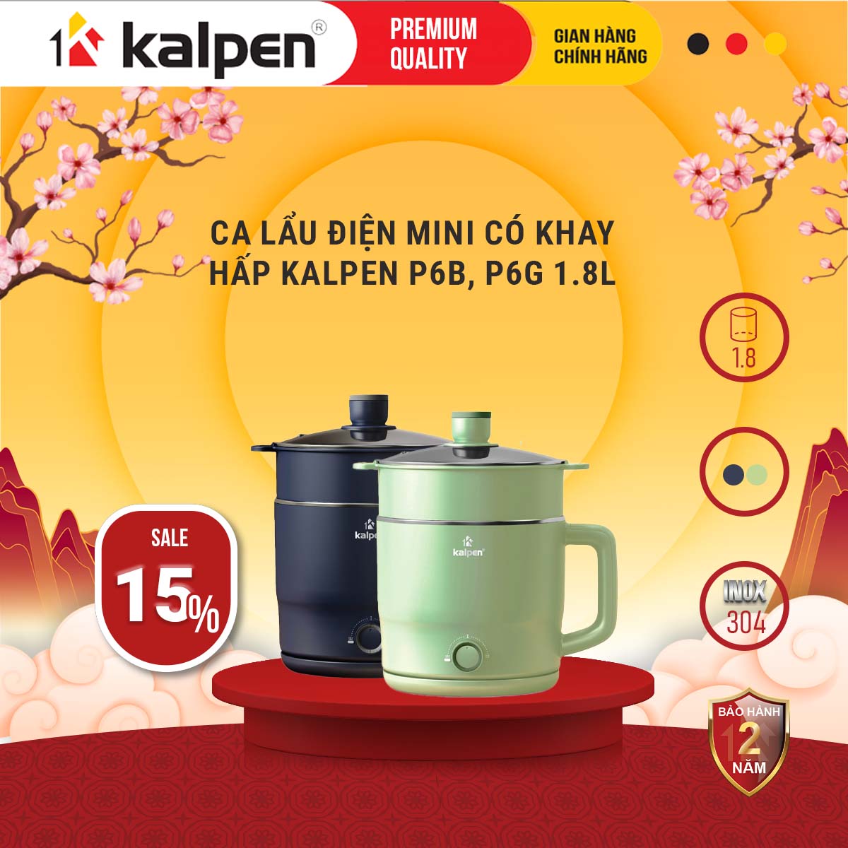 Ca lẩu điện mini có khay hấp Kalpen 1.8L hàng chính hãng