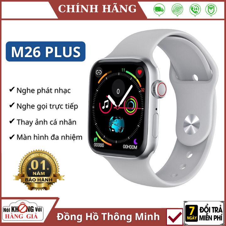 (Bảo hành 12 Tháng) Đồng hồ thông minh M26 Plus Series 6 - Smartwatch Nghe gọi cho điện thoại Iphone Android ,hay được hình nền tùy ý - Gọi điện nghe nhạc trực tiếp -Thiết kế smart watch seri 6 tổ ong - 100% Tiếng Việt