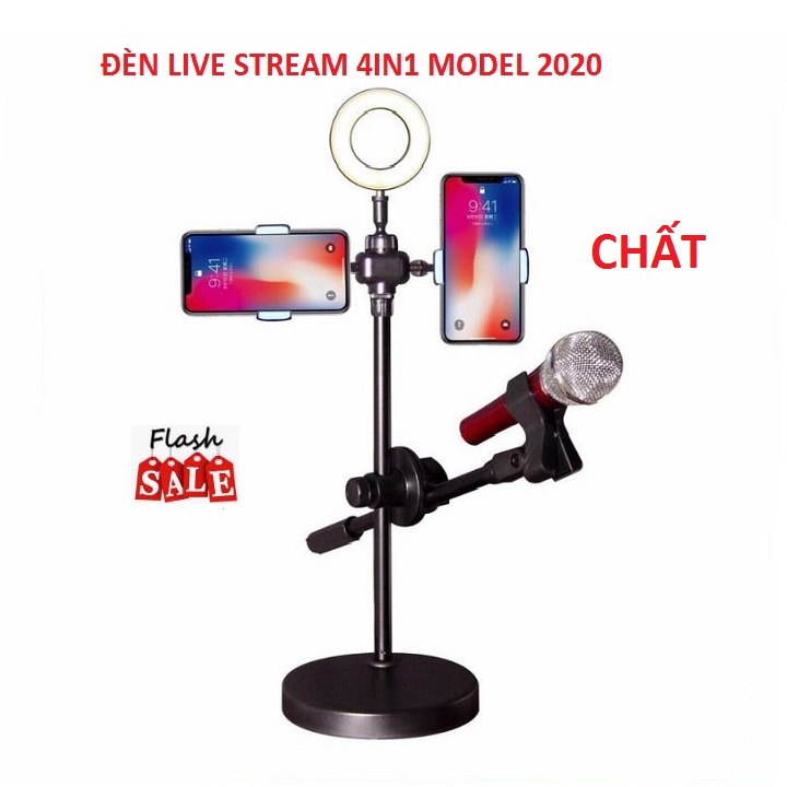 Bộ Đèn Livestream 4 in 1, Đa Năng Có 2 Giá Đỡ Điện Thoại ,1 Đèn LED, Và 1 Giá Đỡ Mic- Đèn Dùng Cho Bán Hàng, Online - Tiện Lợi - Đèn Đa Năng