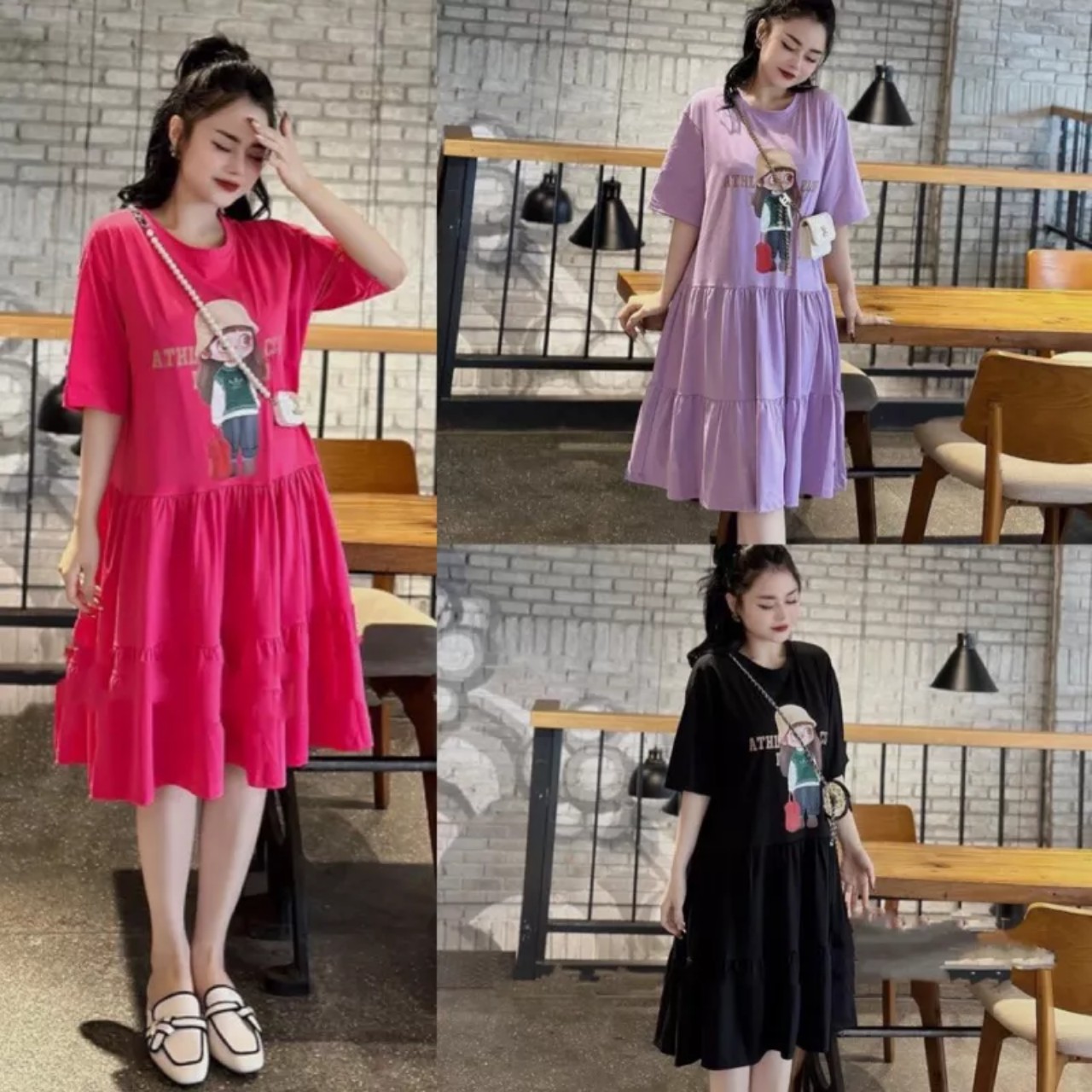 Váy babydol 3 tầng hình cô gái đội mũ, đầm nữ dài dáng xòe cô gái hottend