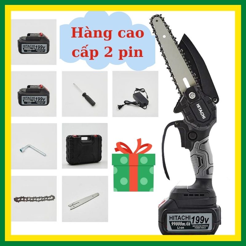Máy cưa xích cầm tay dùng pin Hitachi makita 199V máy cưa gỗ mini cưa xích chạy pin Lõi đồng không chổi than
