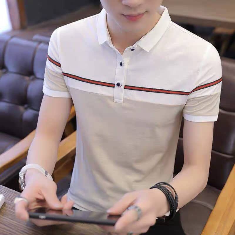 Áo Thun Nam POLO tay ngắn màu trắng be có chỉ ngang màu đỏ cực kì nổi bật, chất liệu thun cao cấp co dãn 4 chiều thấm hút mồ hôi tốt
