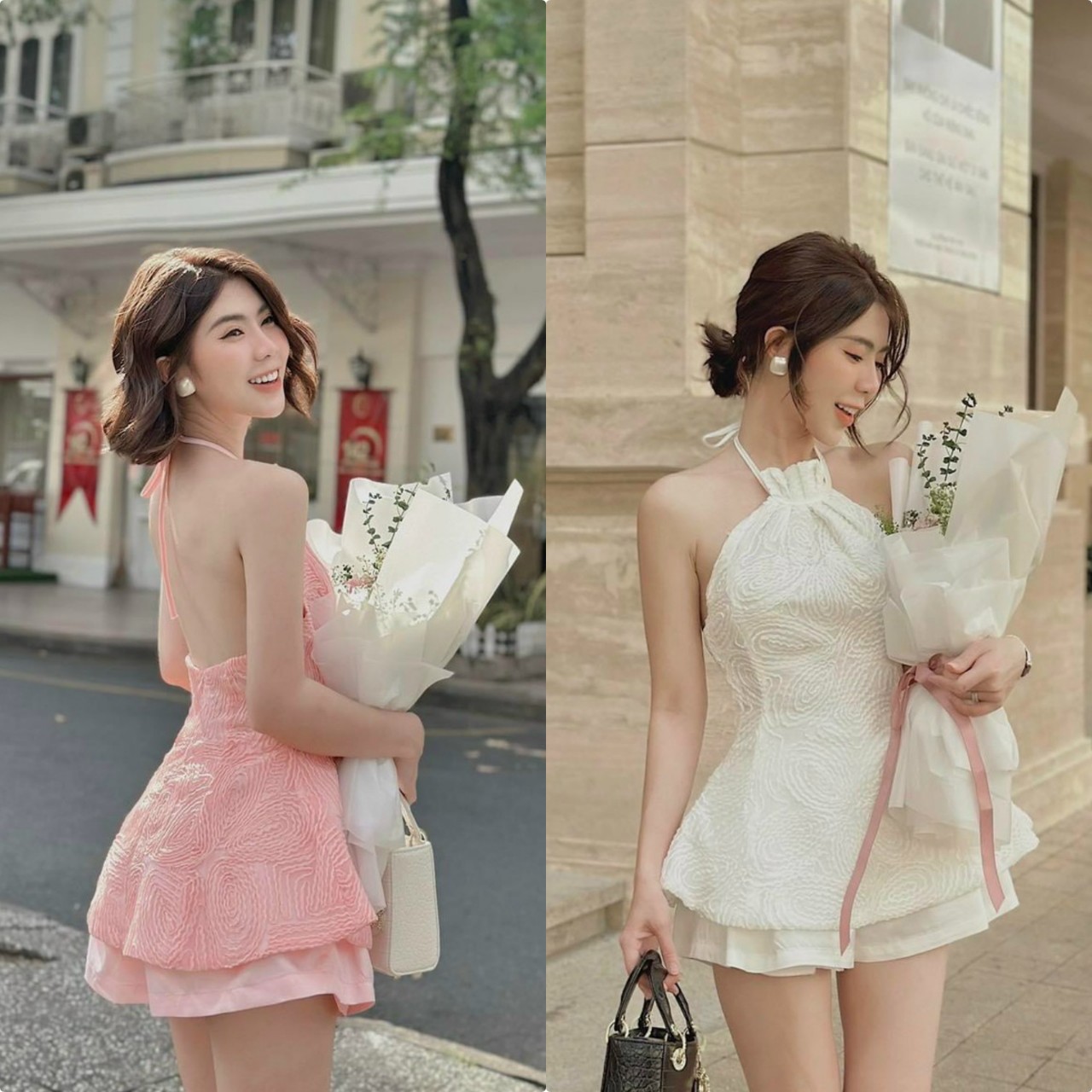 Sét bộ đùi kèm áo cổ yếm hở lưng phong cách dễ thương