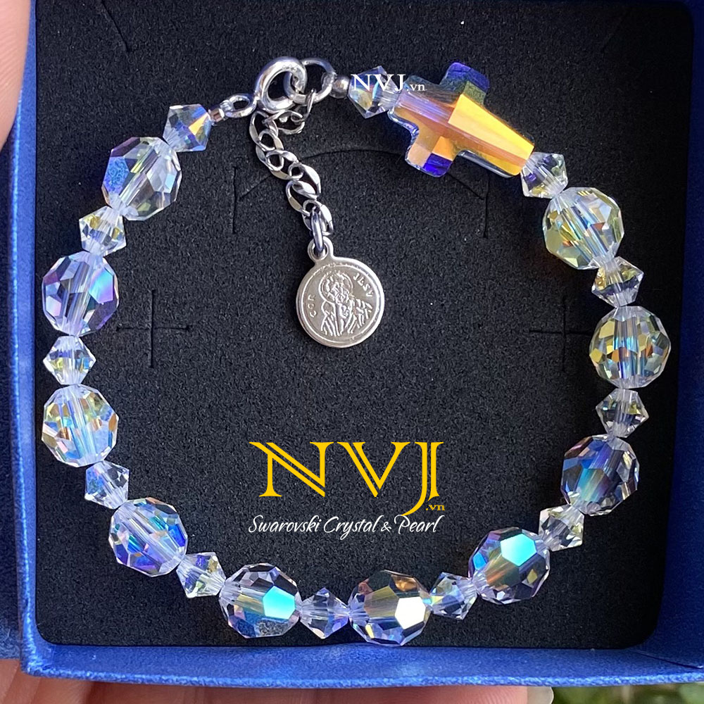 Vòng tay chuỗi mân côi pha lê Áo Swarovski 10 hạt tròn 8ly 001AB kèm thánh giá, đức mẹ