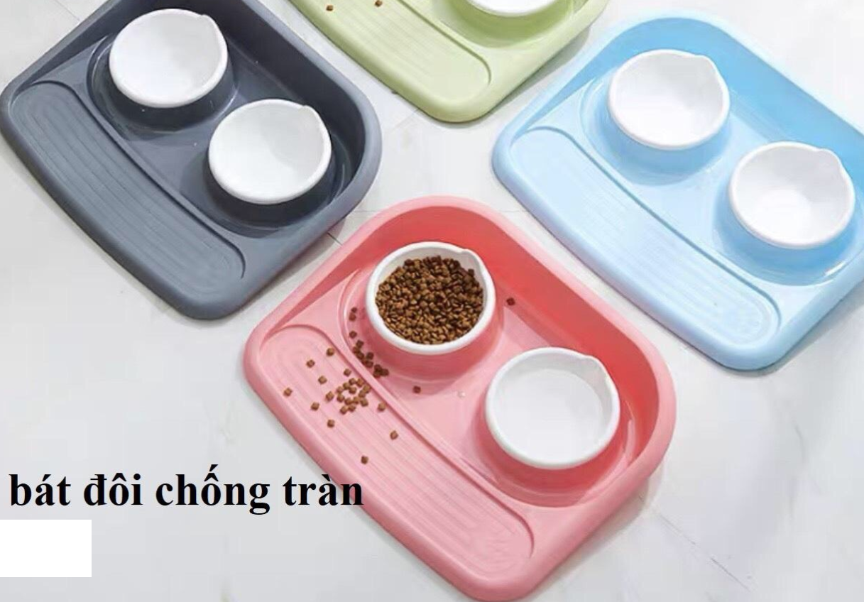 Khay đựng bát ăn cho chó mèo chống lật đổ gù lưng kèm 2 bát nhựa Khay kèm bát ăn uống cho chó mèo size lớn