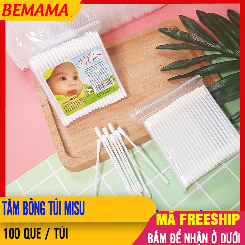 Tăm Bông Cho Bé (100 QUE/GÓI)Tiệt Trùng, Đầu Bông Mềm, An Toàn Cho Trẻ - Tăm Bông Cho Trẻ Sơ Sinh, Tăm Bông Ngoáy Tai, Tăm Bông Trẻ Em, Tam Bong Sơ Sinh, Ráy Tai BEMAMA - 1 Gói Tăm Bông Misu 100 Que - 8851072012628