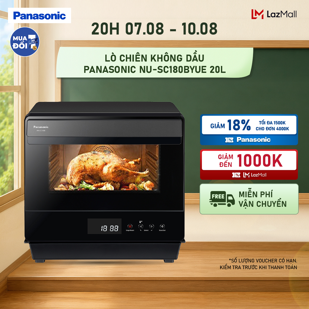 [Collect Voucher 1M trong Trạm Voucher][Trả góp 0%] Lò chiên không dầu hấp hầm nướng đối lưu Panasonic NU-SC180BYUE 20 lít