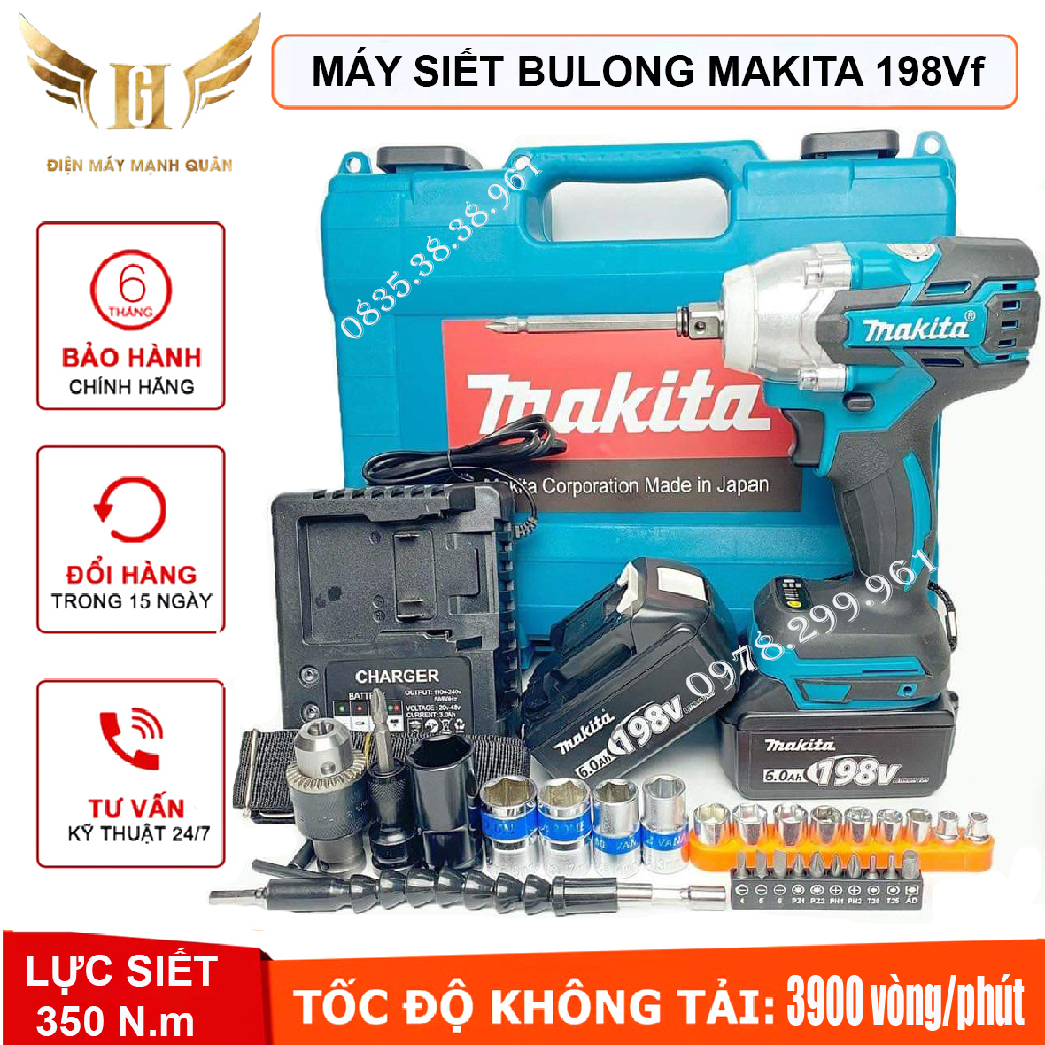 Máy Siết Bulong Makita 198V Máy Vặn Vít Không Chổi Than Pin 10 Cell Cực Trâu + Quà tặng 5 đầu khẩu và đầu chuyển vít