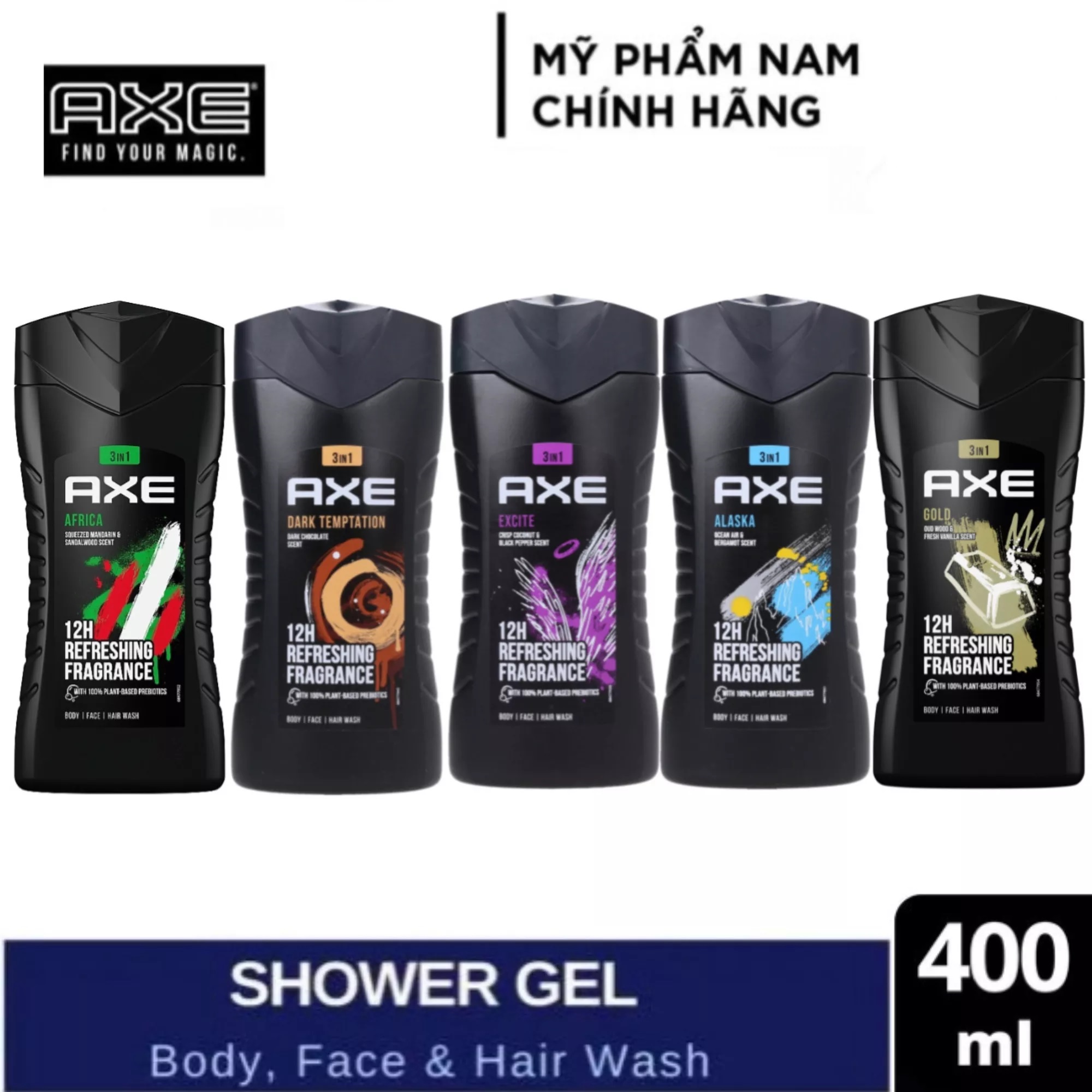Sữa tắm gội nam 3in1 gel axe 400ml apollo , excite , black , alaskaice , africa , dark , gold temptation