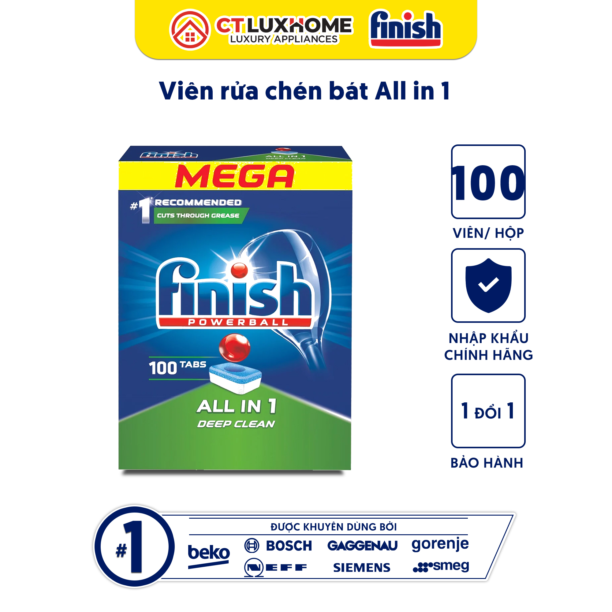 Viên rửa chén bát Finish All In One 100 viên hương chanh