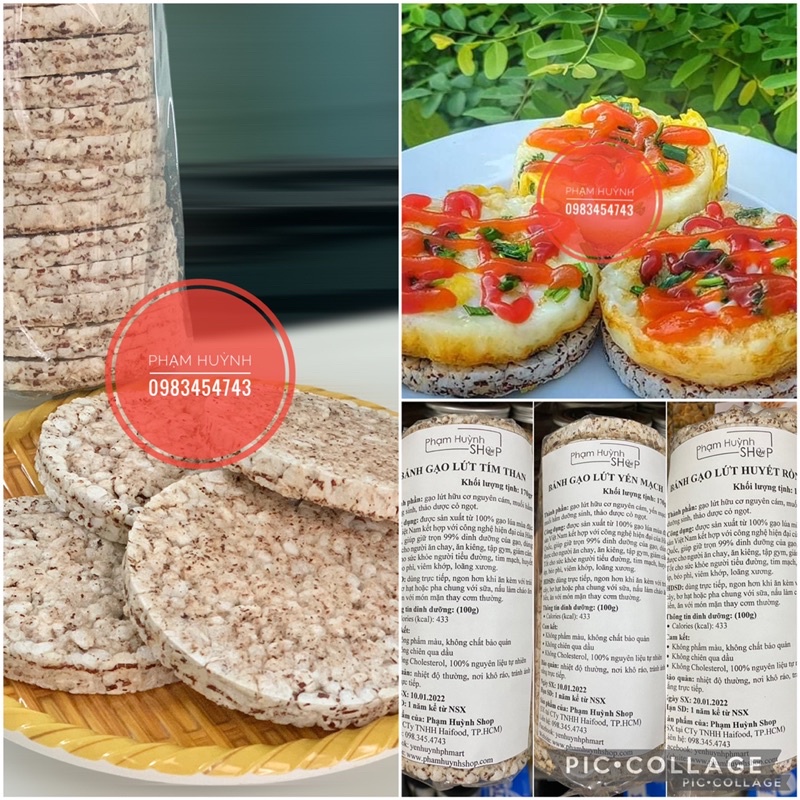 Bánh gạo lứt PH Foods gói 170gr, bánh gạo lức không đường (yến mạch, tím than, huyết rồng) ăn kiêng giảm cân eatclean