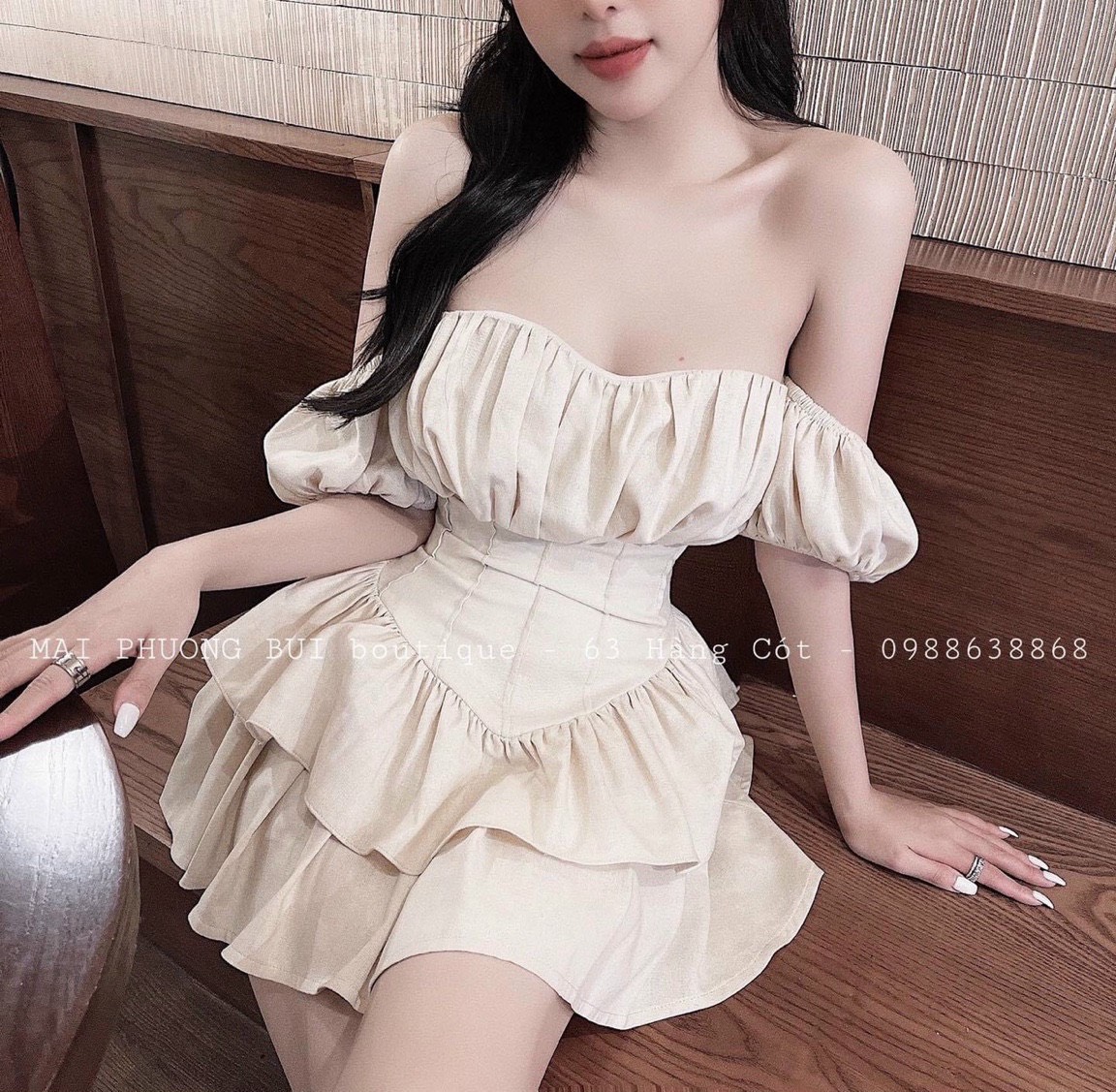 [HCM]sét áo trễ vai xếp ly ngực phối chân váy 2 tầng siêu đẹp hàng quảng châu bao chất xịn xò CH085