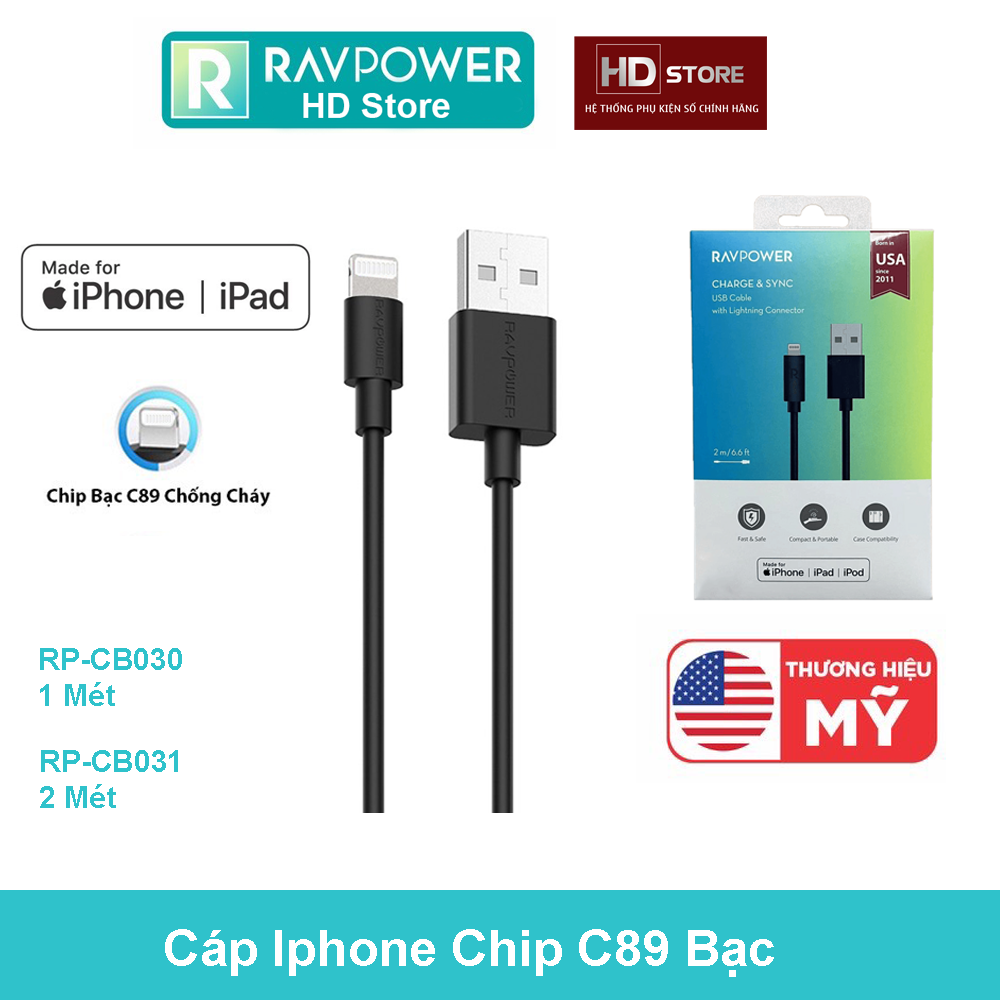 Cáp sạc ravpower usb-a to lightning chip c89 bạc mfi cho iphone ipad dài 1 mét 2 mét cb030 cb031
