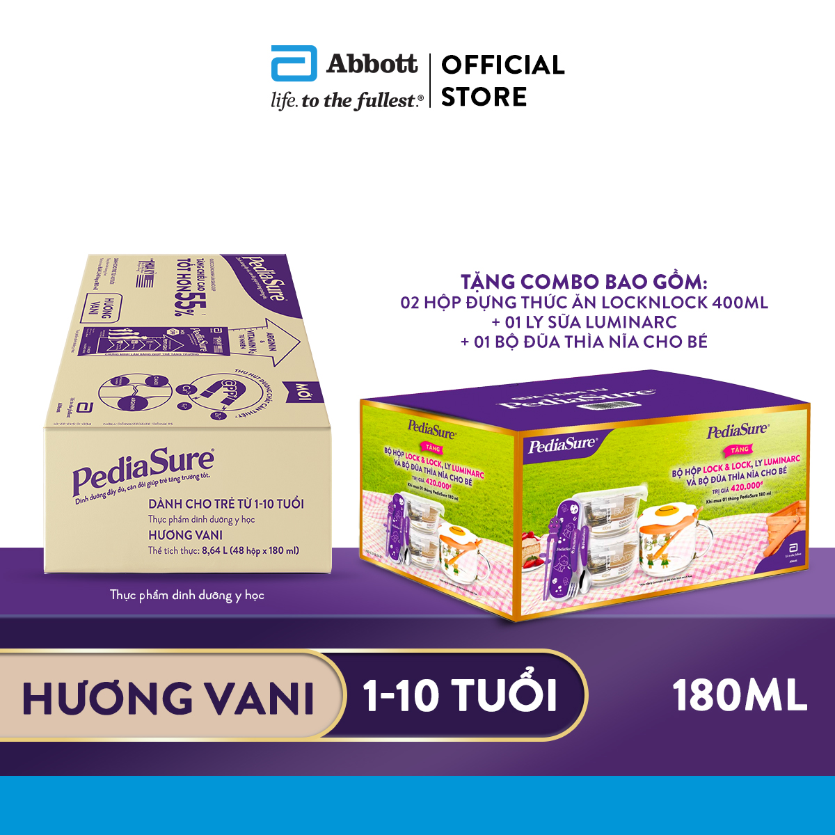 Thùng 48 hộp sữa nước PediaSure 180ml hương Vani tặng combo bao gồm: 02 Hộp đựng thức ăn LocknLock 400ml + 01 Ly sữa Luminarc + 01 Bộ đũa thìa nĩa cho bé