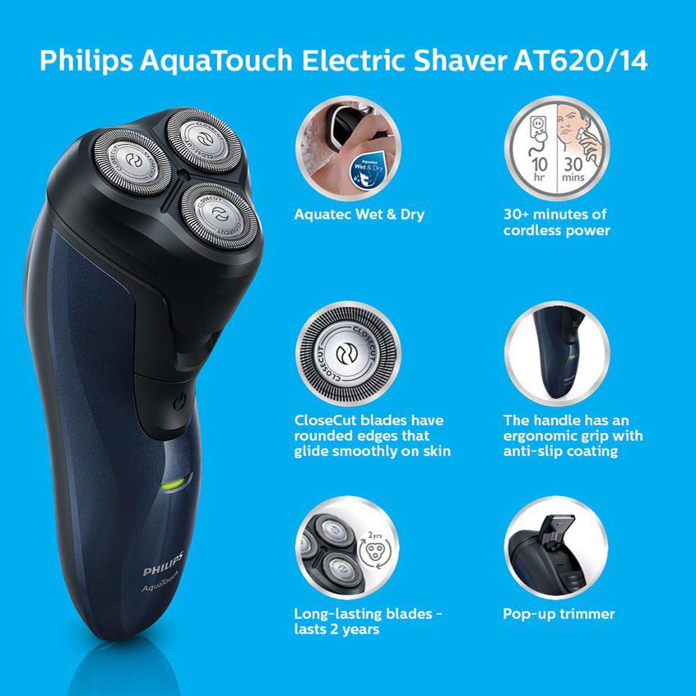 Máy cạo râu Philips AT620 - 3 lưỡi dao ôm sát khuôn mặt, lưỡi tự mài siêu bền, lưỡi tỉa mai tiện dụng - Bảo hành 24 tháng